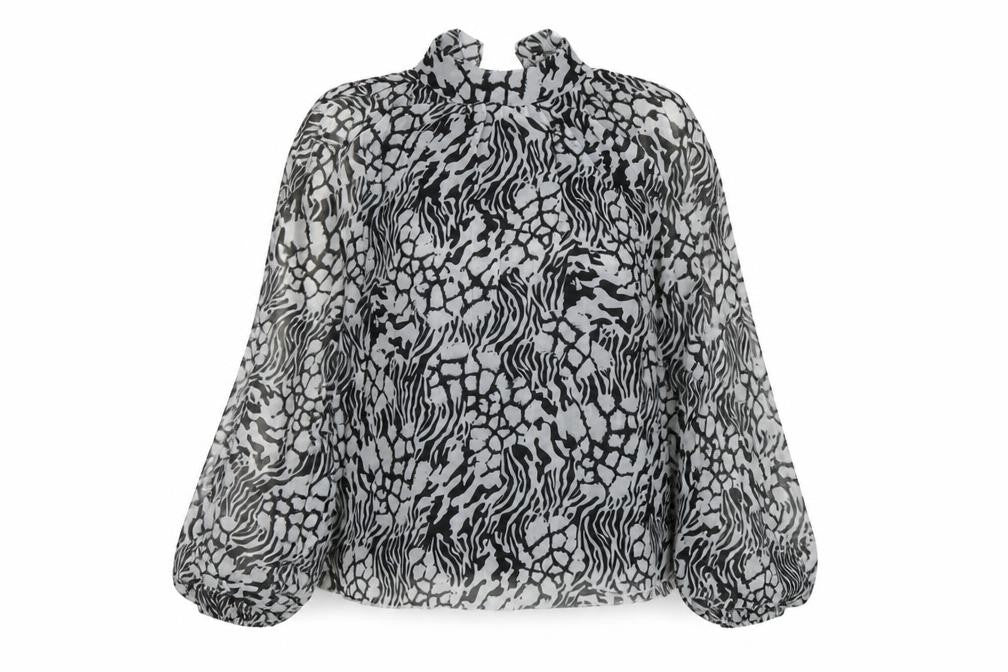 River Island Womens Black Animal Print Polyester Basic Blouse Size 8 Mock Neck