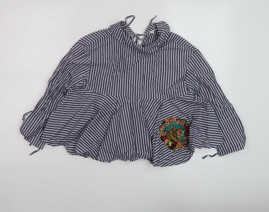 Zara Womens Blue Striped Cotton Basic Blouse Size XS Collared