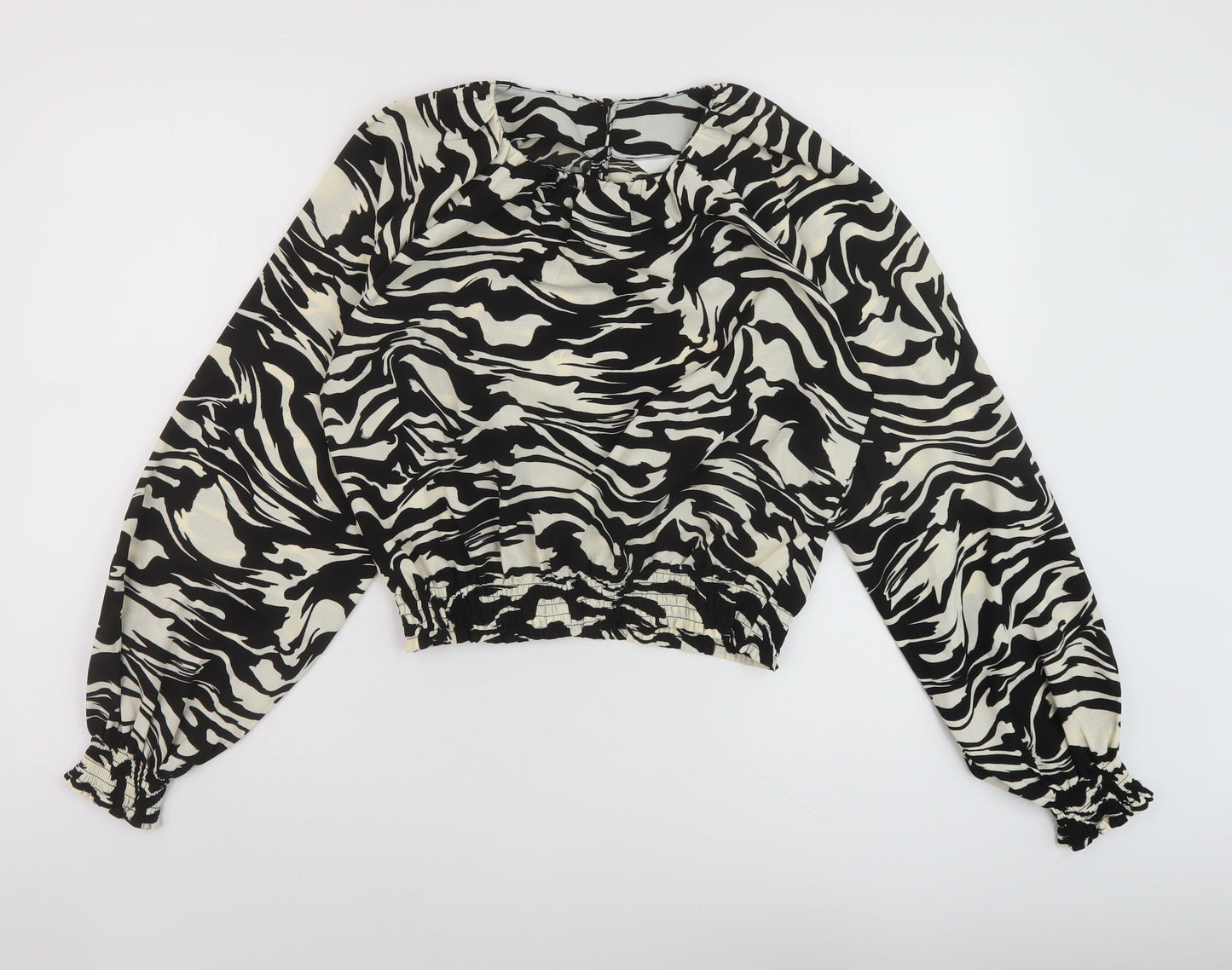 H&M Womens Black Animal Print Polyester Basic Blouse Size S Round Neck