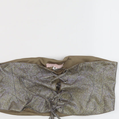 Close-up detail of Missguided women’s gold polyester cropped tank, size M, square neck