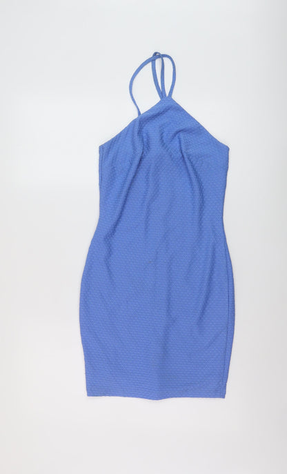 Additional front view of Miss Selfridge women’s blue polyester mini, size UK 8, halter pullover