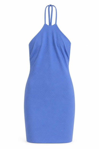 Front view of Miss Selfridge women’s blue polyester mini, size UK 8, halter pullover