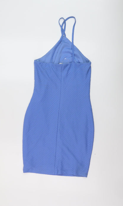 Back view of Miss Selfridge women’s blue polyester mini, size UK 8, halter pullover