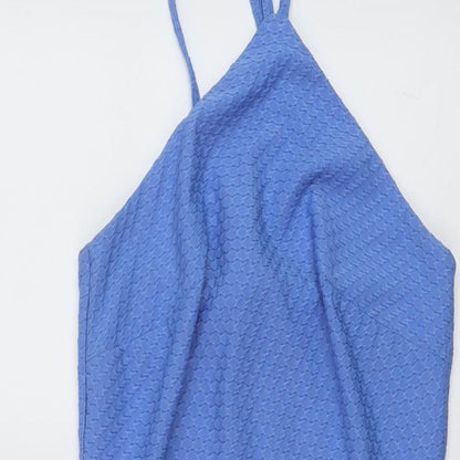 Close-up detail of Miss Selfridge women’s blue polyester mini, size UK 8, halter pullover