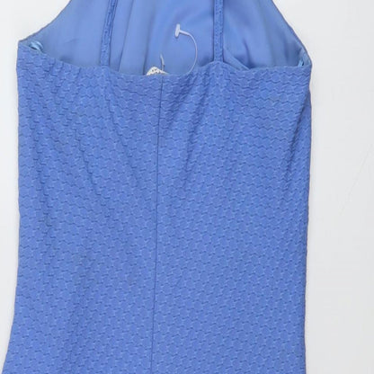 Brand and care label for Miss Selfridge women’s blue polyester mini, size UK 8, halter pullover