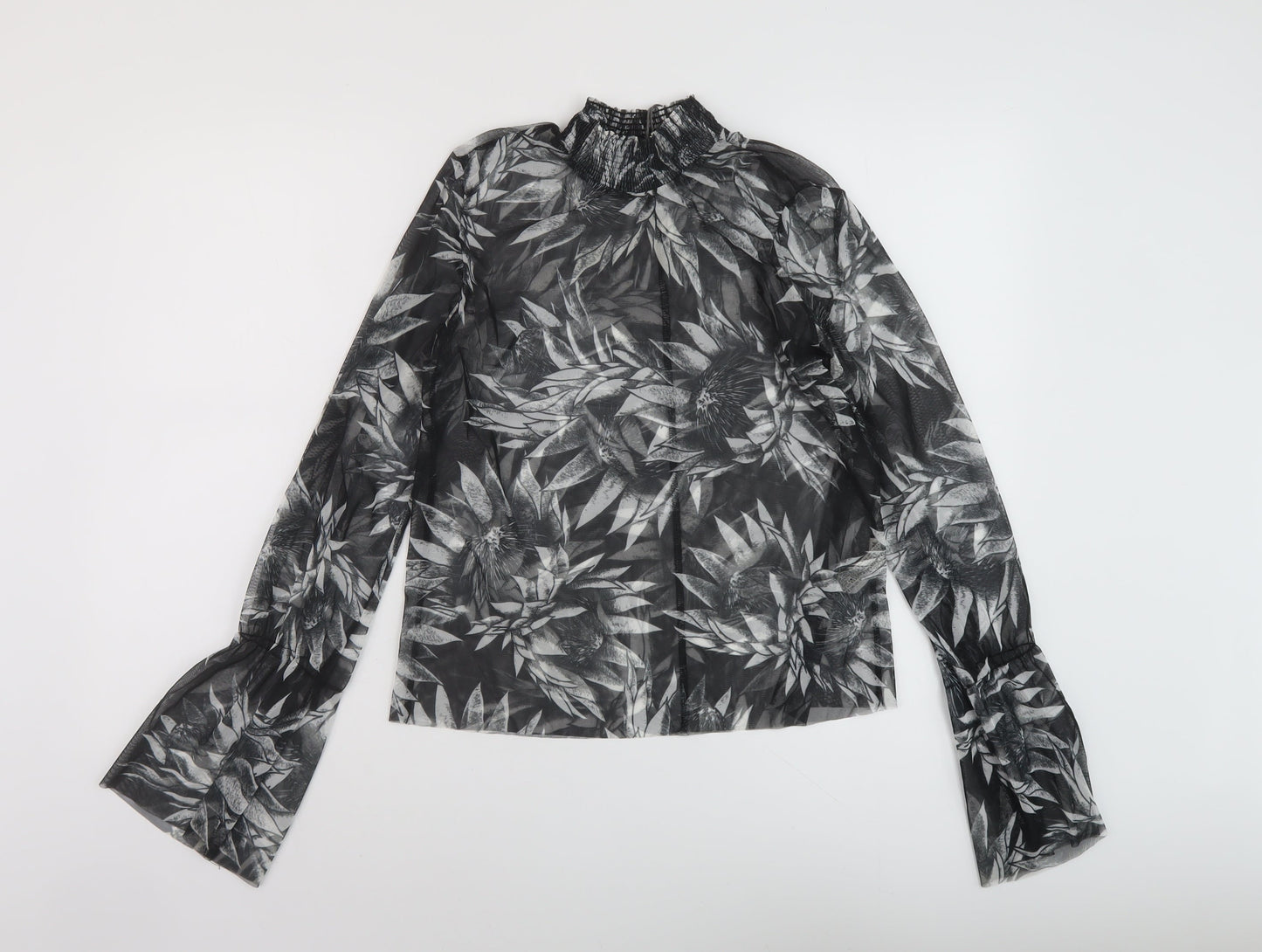Zara Womens Black Floral Polyester Basic Blouse Size S Mock Neck