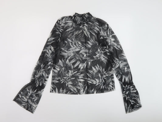 Zara Womens Black Floral Polyester Basic Blouse Size S Mock Neck