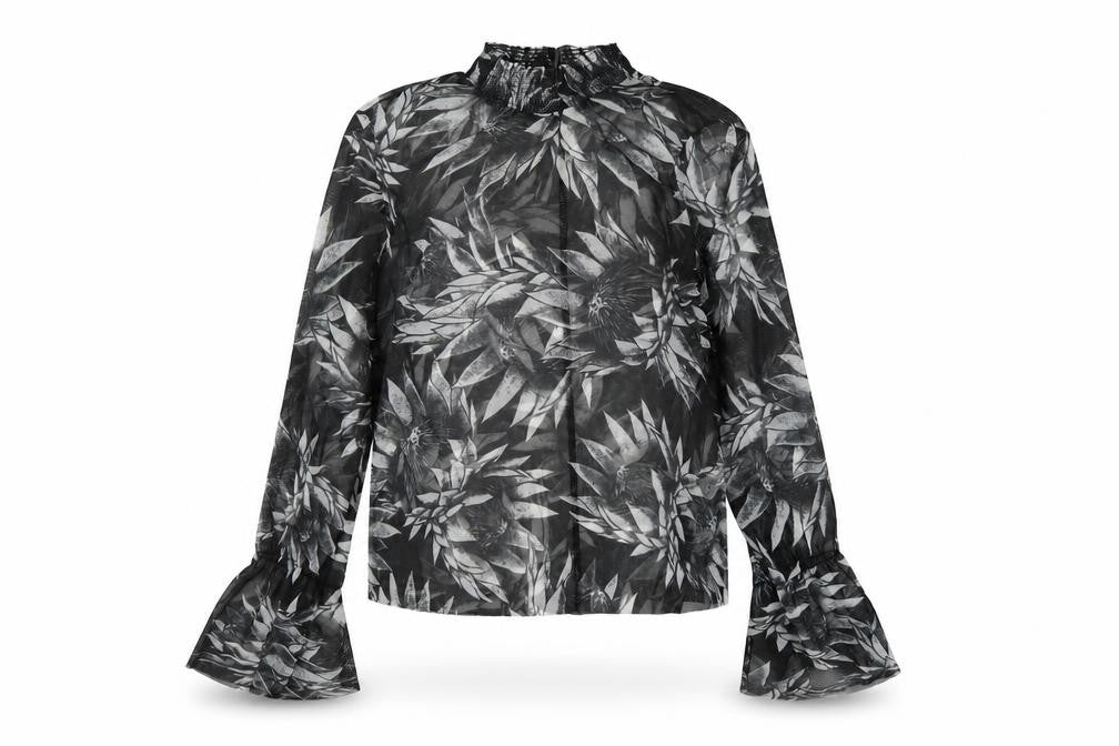Zara Womens Black Floral Polyester Basic Blouse Size S Mock Neck