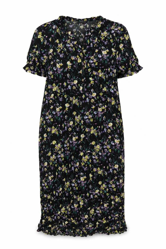 Marks & Spencer Womens Black Floral Viscose A-Line Size 16 V-Neck Button