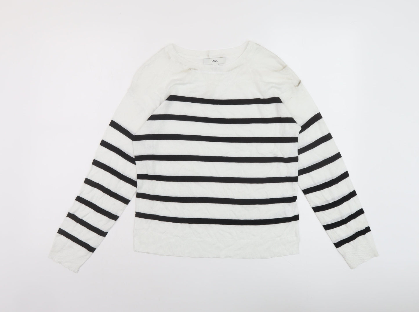 Marks and Spencer Womens White Round Neck Striped Acrylic Pullover Jumper Size XS