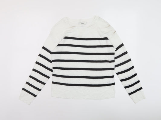 Marks and Spencer Womens White Round Neck Striped Acrylic Pullover Jumper Size XS