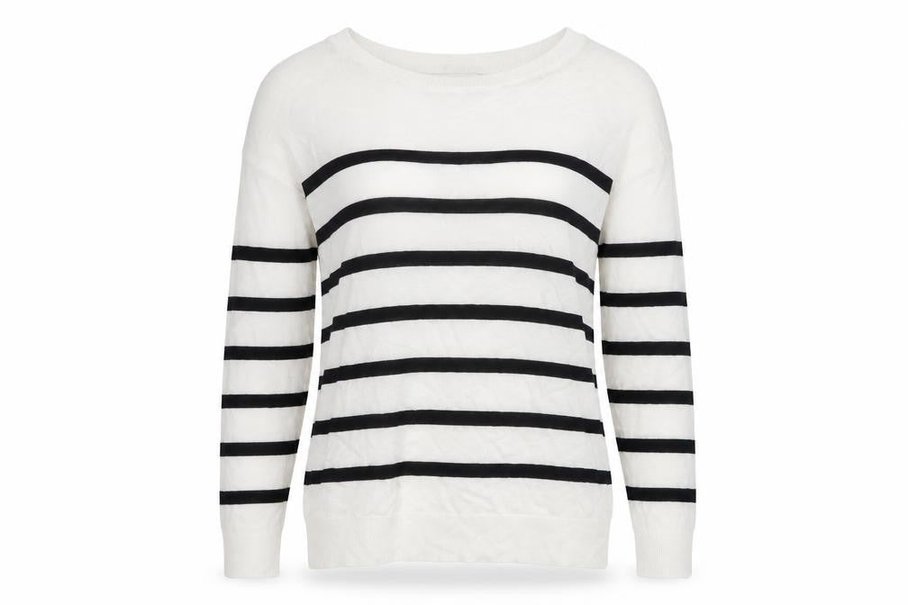 Marks & Spencer Womens White Round Neck Striped Acrylic Pullover Jumper Size XS