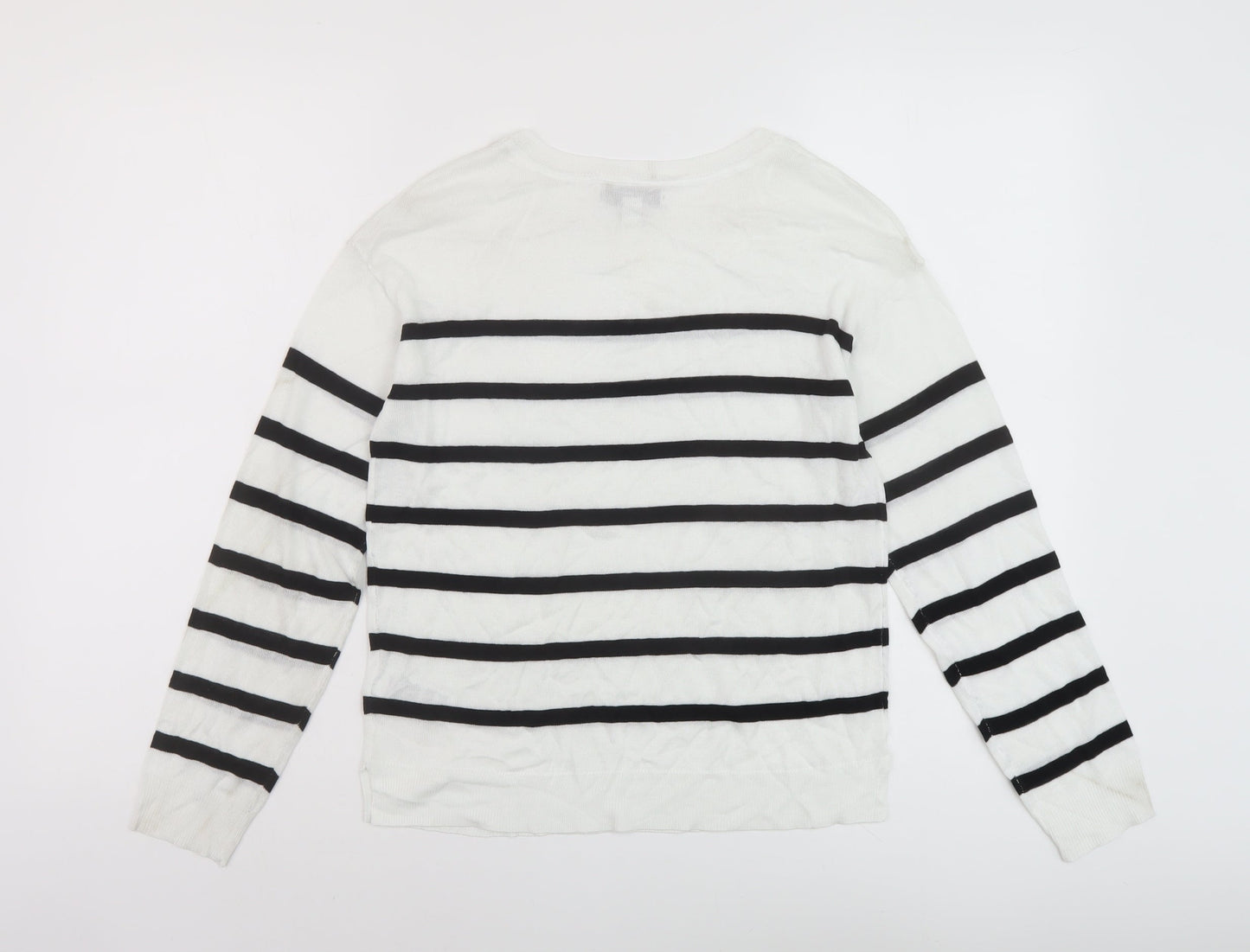 Marks and Spencer Womens White Round Neck Striped Acrylic Pullover Jumper Size XS