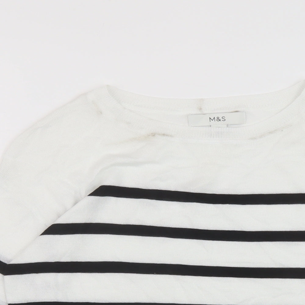 Marks and Spencer Womens White Round Neck Striped Acrylic Pullover Jumper Size XS