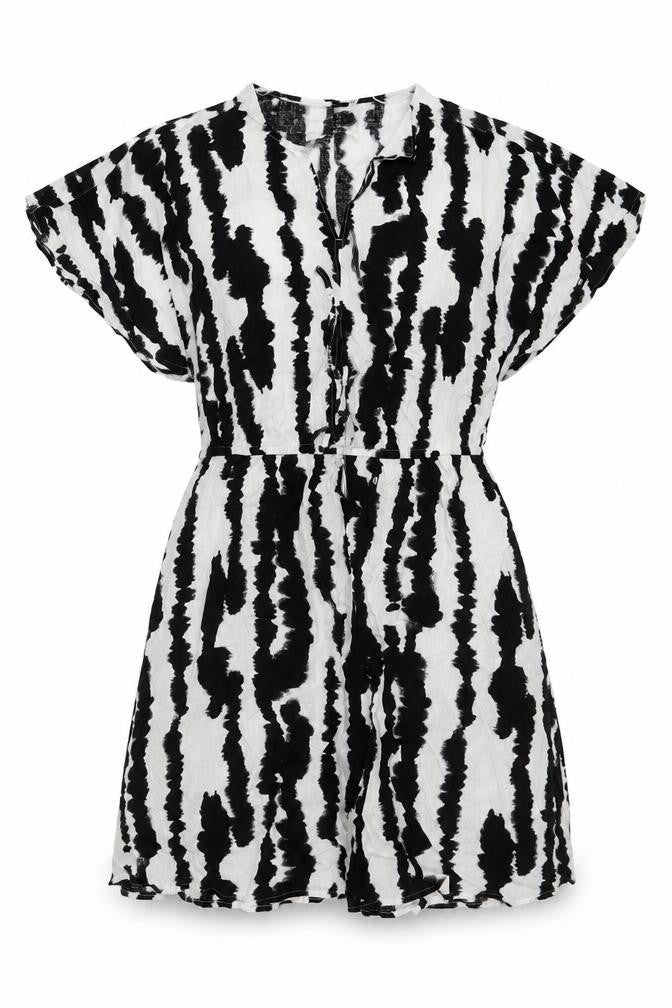 Marks & Spencer Womens Black Geometric Linen A-Line Size 14 V-Neck Pullover