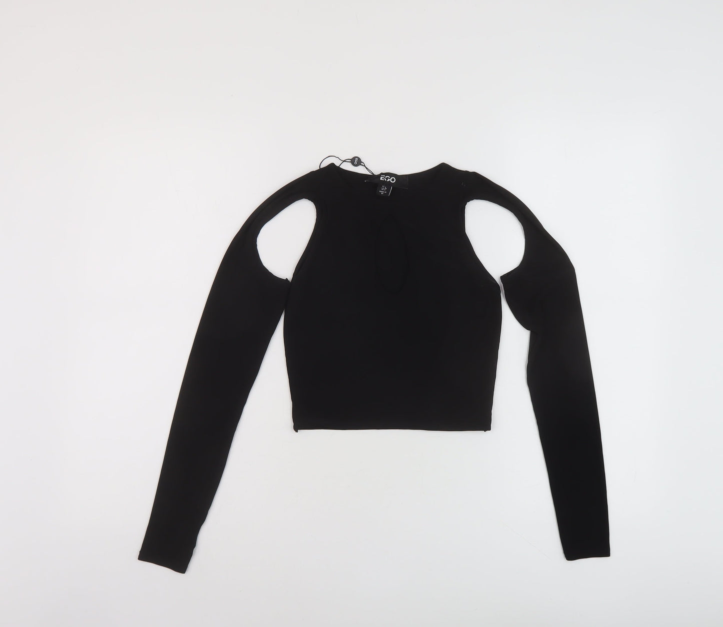 Ego Womens Black Polyester Cropped Blouse Size 8 Round Neck