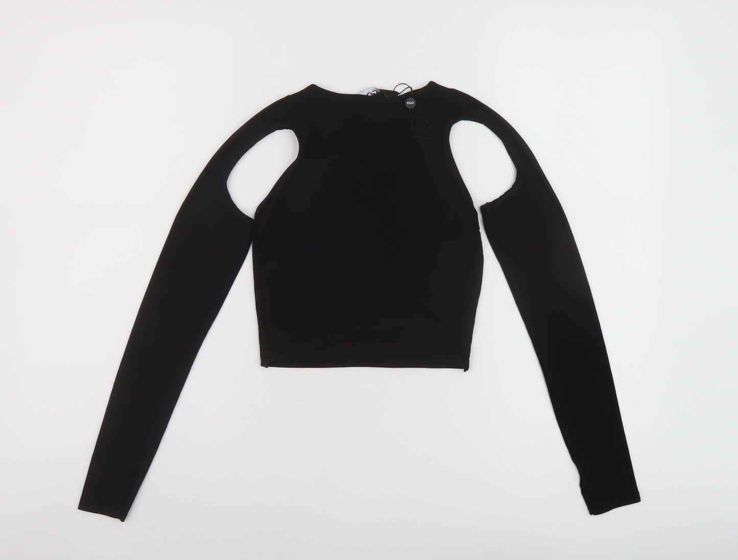 Ego Womens Black Polyester Cropped Blouse Size 8 Round Neck