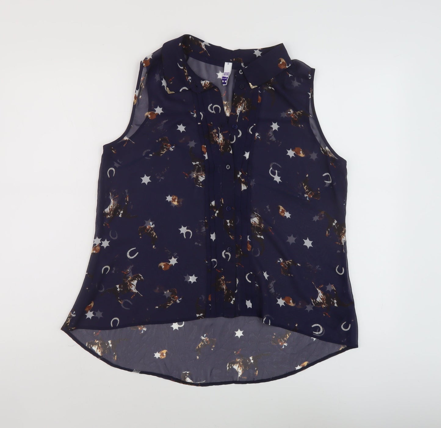 Byhenry Holland Womens Blue Geometric Polyester Basic Tank Size 12 Collared