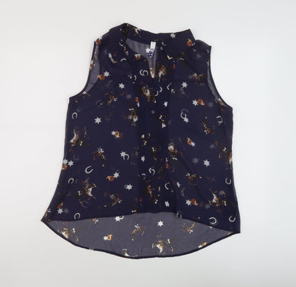 H! by Henry Holland Womens Blue Geometric Polyester Basic Tank Size 12 Collared