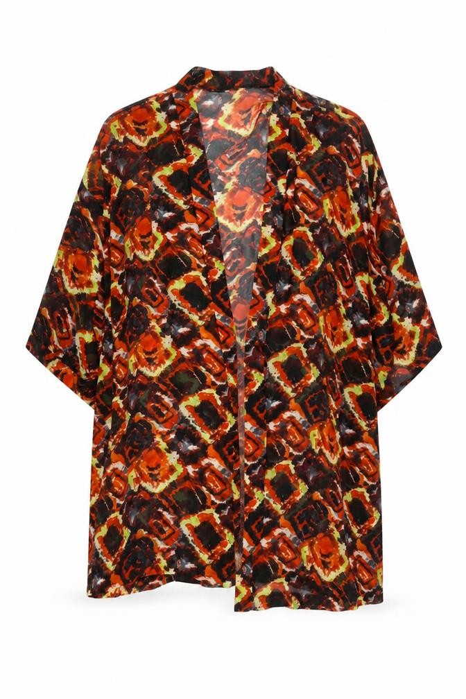 Reclaimed Vintage Womens Red Geometric Polyester Kimono Blouse Size S V-Neck - Semi Sheer