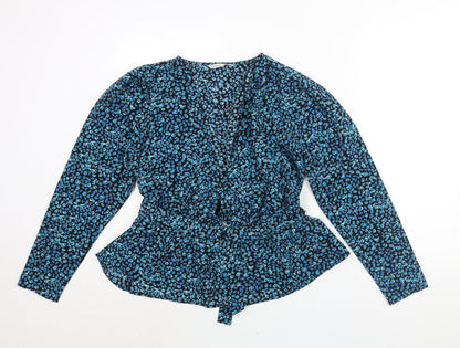 Additional front view of Only women’s blue geometric polyester basic blouse, size UK 10, v-neck - belted peplum