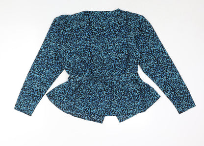 Back view of Only women’s blue geometric polyester basic blouse, size UK 10, v-neck - belted peplum