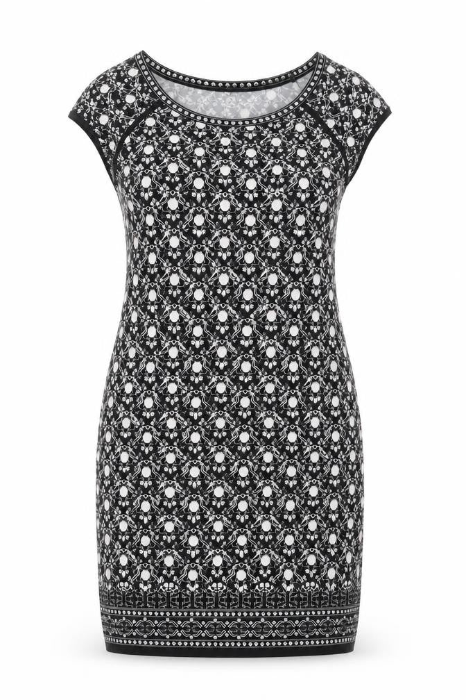 Max Studio Womens Black Geometric Polyester Sheath Size M Round Neck Pullover