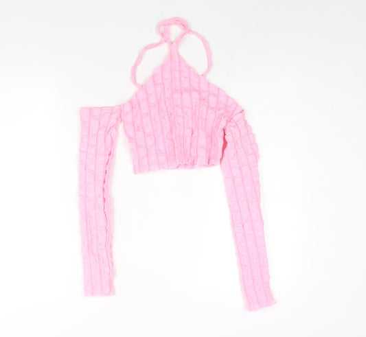 PRETTYLITTLETHING Womens Pink Polyester Cropped Blouse Size 8 Halter - Textured Cold Shoulder
