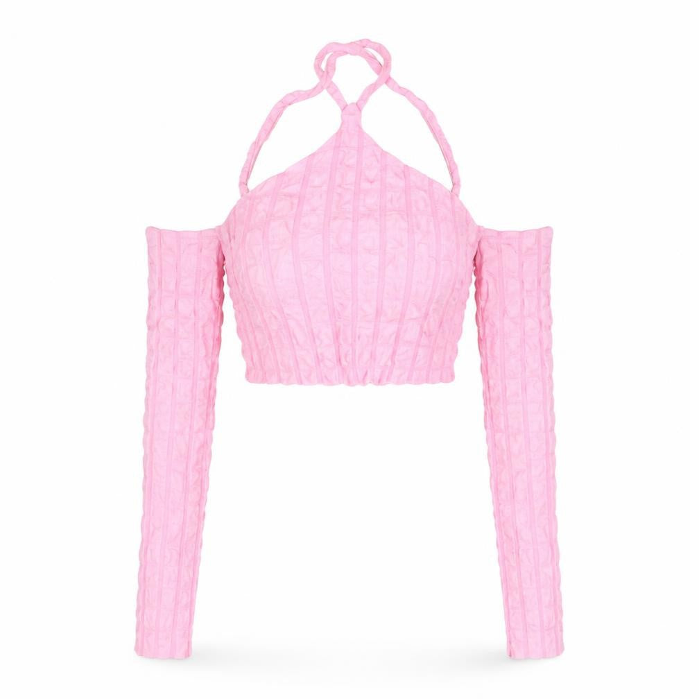 PRETTYLITTLETHING Womens Pink Polyester Cropped Blouse Size 8 Halter - Textured Cold Shoulder