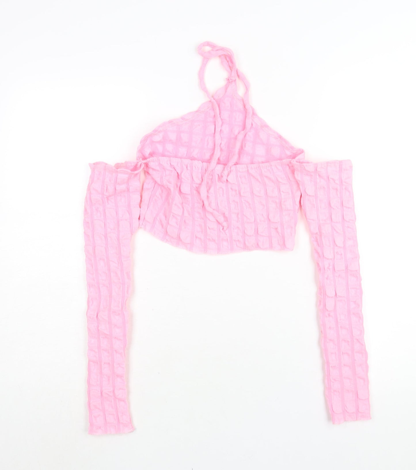 PRETTYLITTLETHING Womens Pink Polyester Cropped Blouse Size 8 Halter - Textured Cold Shoulder