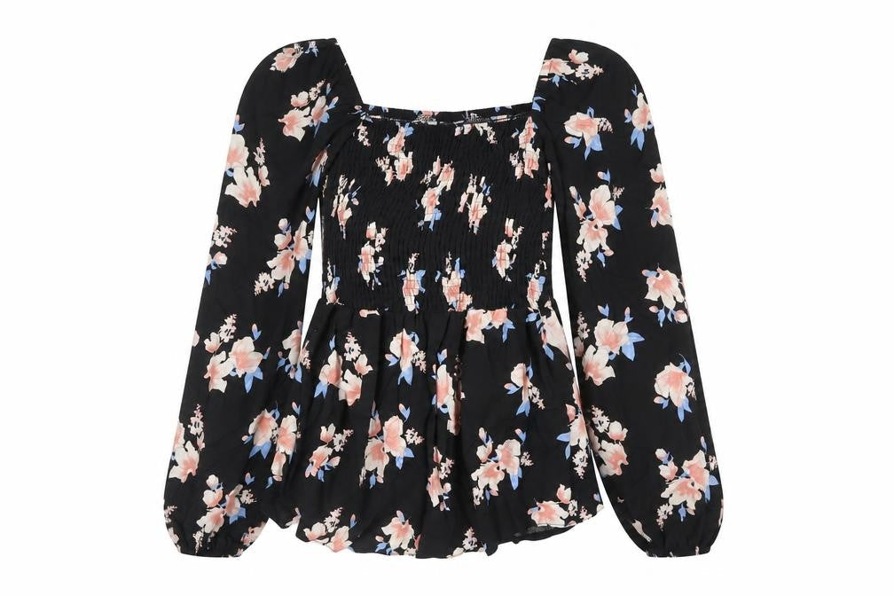 Select Womens Black Floral Viscose Basic Blouse Size 12 Square Neck - Peplum Rouched