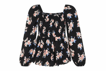 Select Womens Black Floral Viscose Basic Blouse Size 12 Square Neck - Peplum Rouched