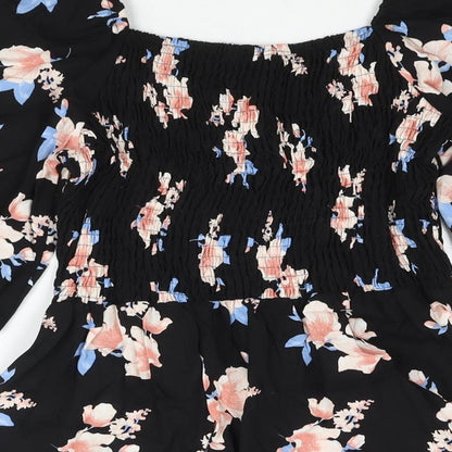 Select Womens Black Floral Viscose Basic Blouse Size 12 Square Neck - Peplum Rouched