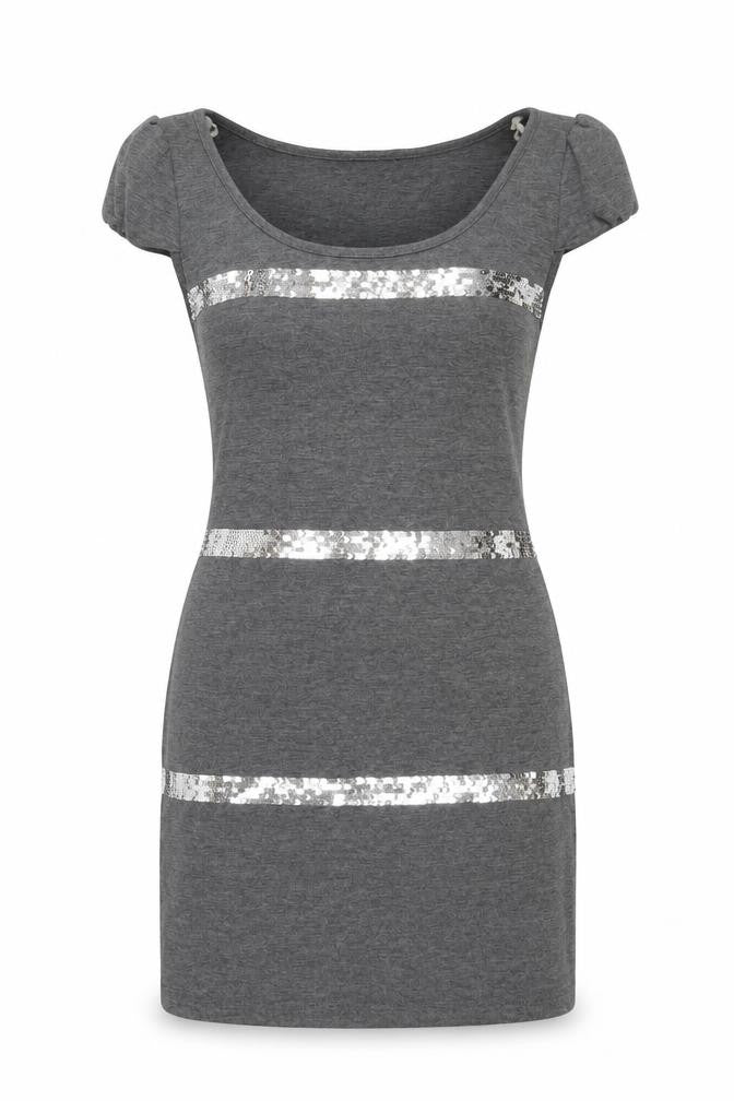 Ezia Womens Grey Polyester Mini Size 8 Round Neck Pullover - Sequin