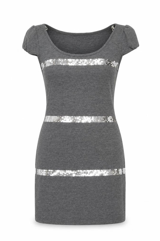 Ezia Womens Grey Polyester Mini Size 8 Round Neck Pullover - Sequin