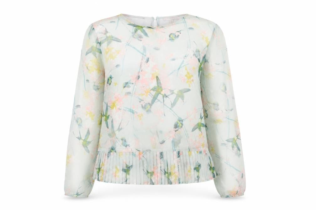 Marks & Spencer Womens Green Geometric Polyester Basic Blouse Size 8 Round Neck - Semi Sheer Pleated