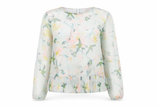Marks and Spencer Womens Green Geometric Polyester Basic Blouse Size 8 Round Neck - Semi Sheer Pleated