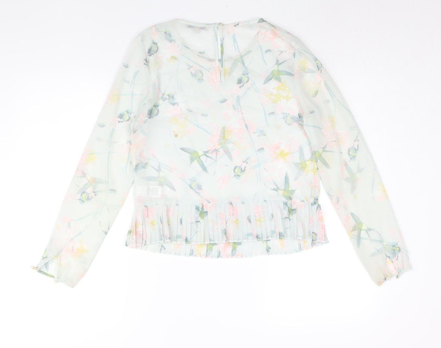 Marks and Spencer Womens Green Geometric Polyester Basic Blouse Size 8 Round Neck - Semi Sheer Pleated