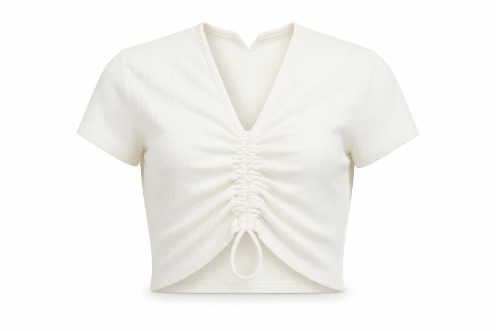 Divided by H&M Womens Ivory Polyester Cropped Blouse Size M V-Neck - Drawstring Detail
