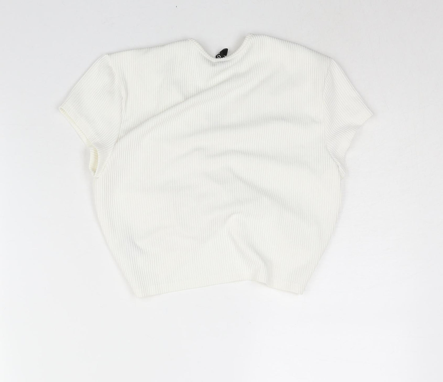 Divided by H&M Womens Ivory Polyester Cropped Blouse Size M V-Neck - Drawstring Detail