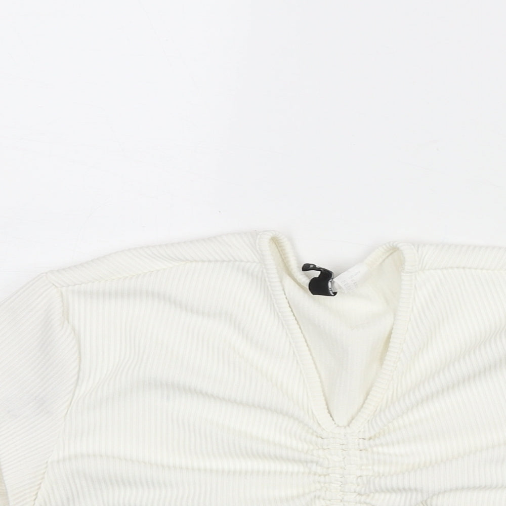 Divided by H&M Womens Ivory Polyester Cropped Blouse Size M V-Neck - Drawstring Detail