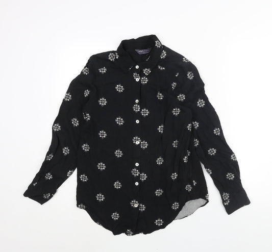 Marks and Spencer Womens Black Geometric Viscose Basic Button-Up Size 8 Collared