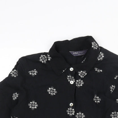 Marks & Spencer Womens Black Geometric Viscose Basic Button-Up Size 8 Collared