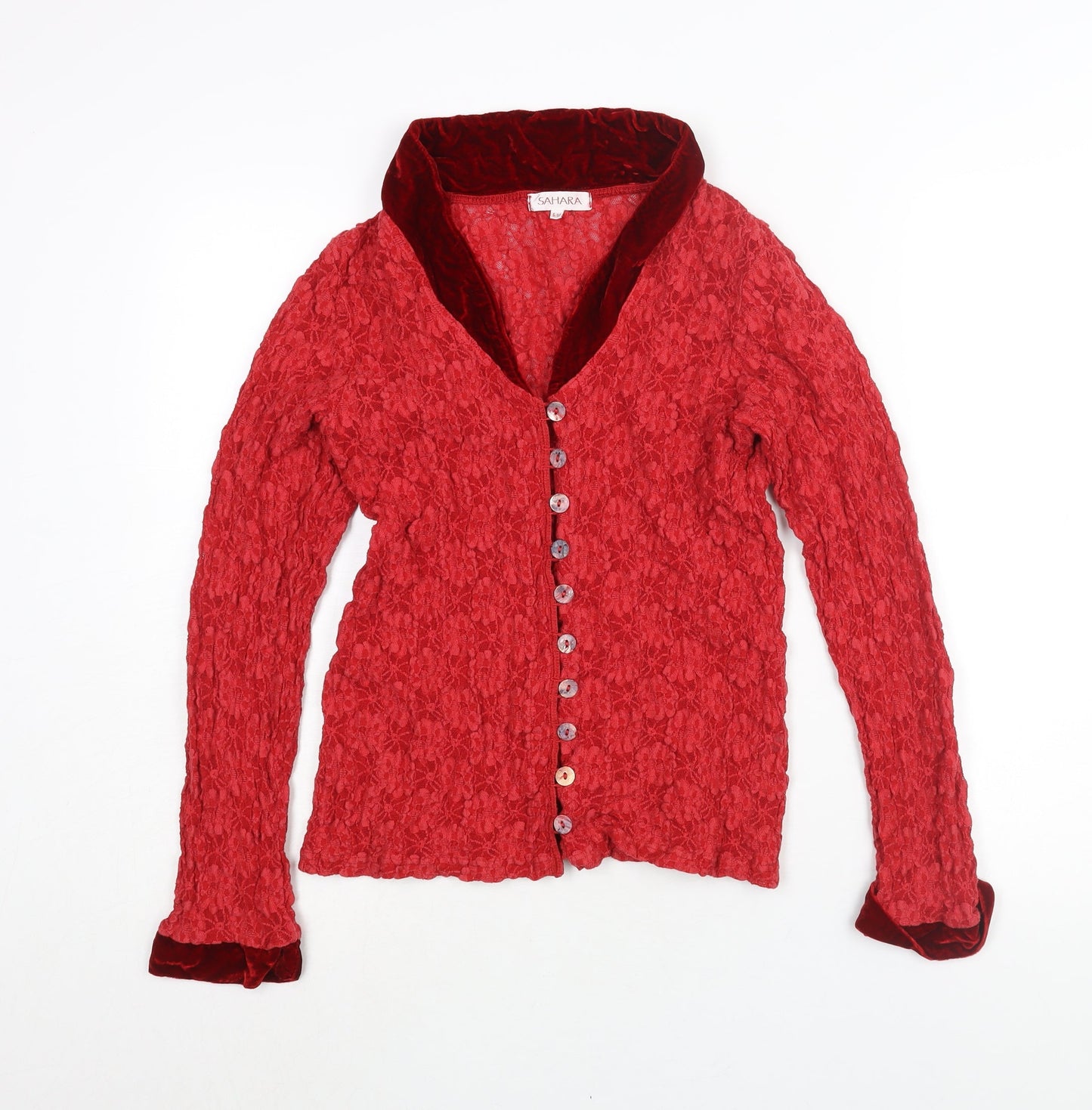 Sahara Womens Red Cotton Basic Blouse Size S V-Neck - Velour Trim Size S-M