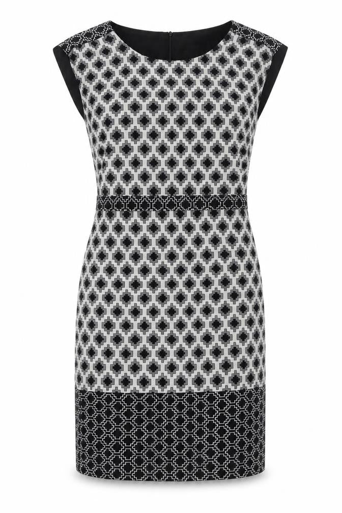 Marks & Spencer Womens Black Geometric Polyester Shift Size 10 Round Neck Zip - Belted