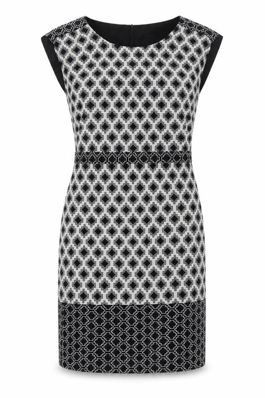 Marks & Spencer Womens Black Geometric Polyester Shift Size 10 Round Neck Zip - Belted