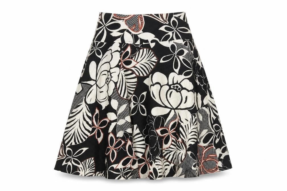 H&M Womens Black Floral Linen Flare Skirt Size 6 Zip