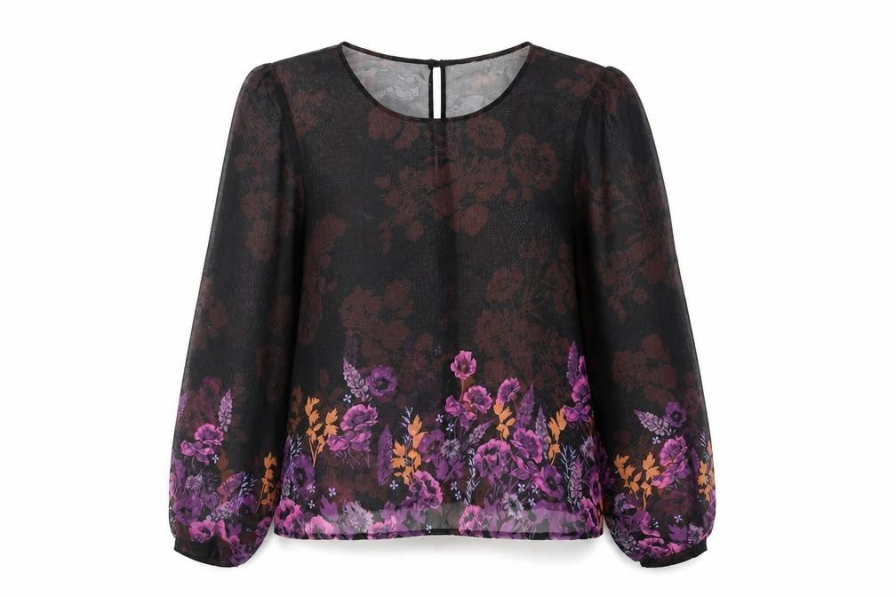 Miss Selfridge Womens Black Floral Polyester Basic Blouse Size 14 Round Neck - Semi Sheer