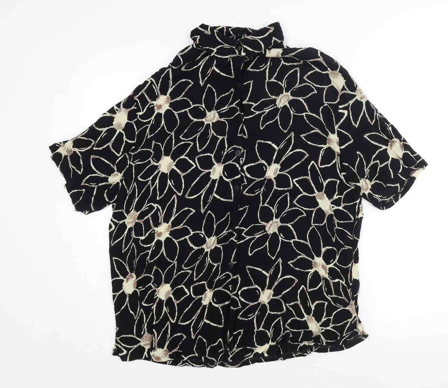 Pomodoro Womens Black Floral Viscose Basic Button-Up Size L Collared