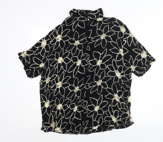 Pomodoro Womens Black Floral Viscose Basic Button-Up Size L Collared